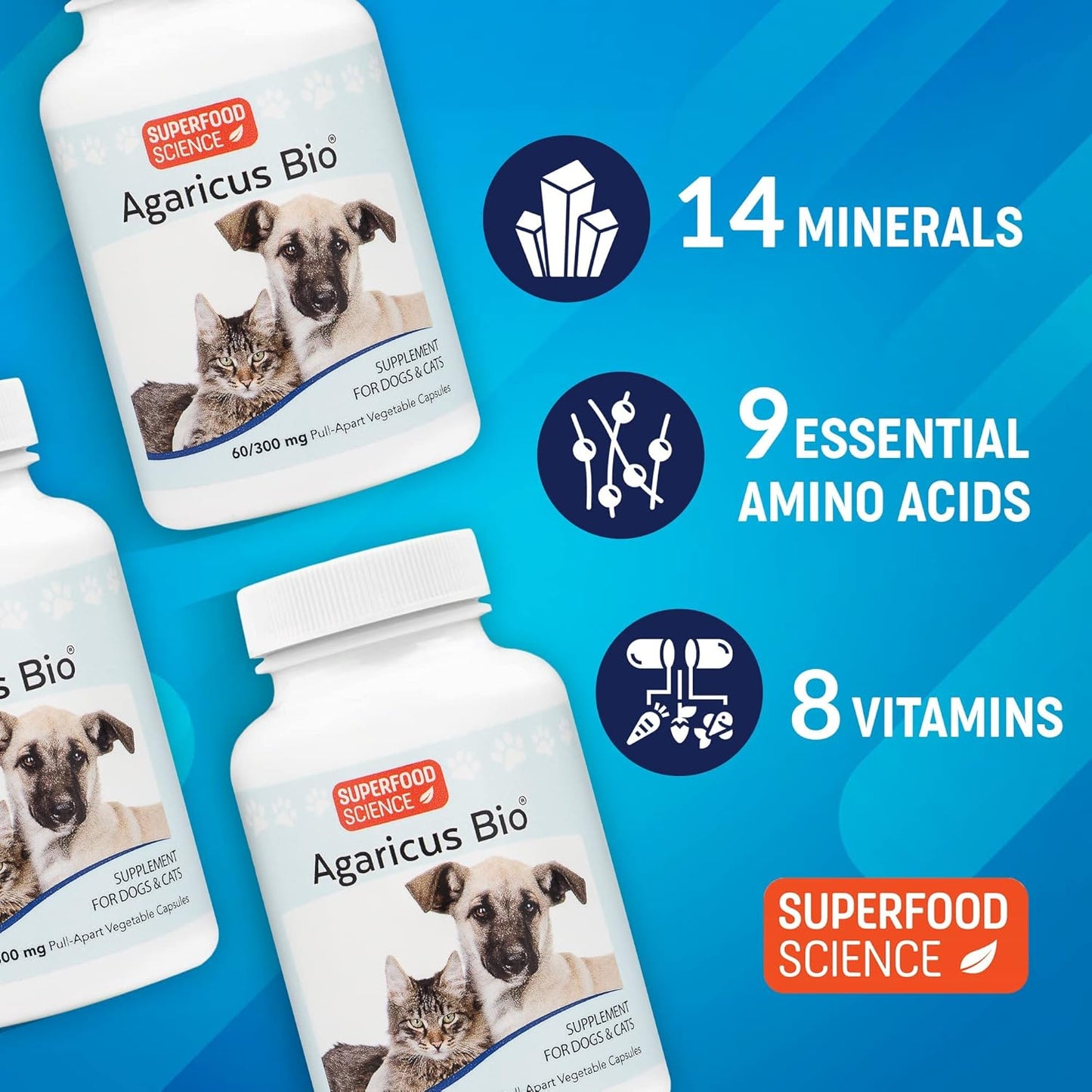 Agaricus Bio Superfood Supplement for Dogs and Cats - Boost Immune Defense & Energy, Antioxidant Mushroom Powder - 60 caps