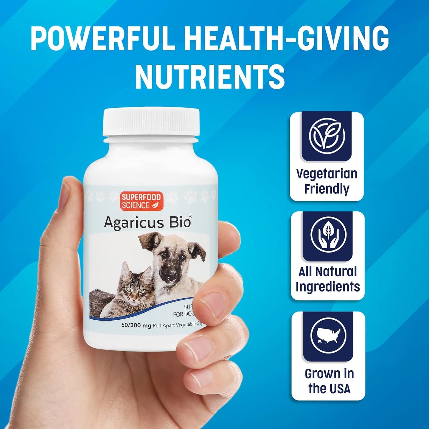 Agaricus Bio Superfood Supplement for Dogs and Cats - Boost Immune Defense & Energy, Antioxidant Mushroom Powder - 60 caps