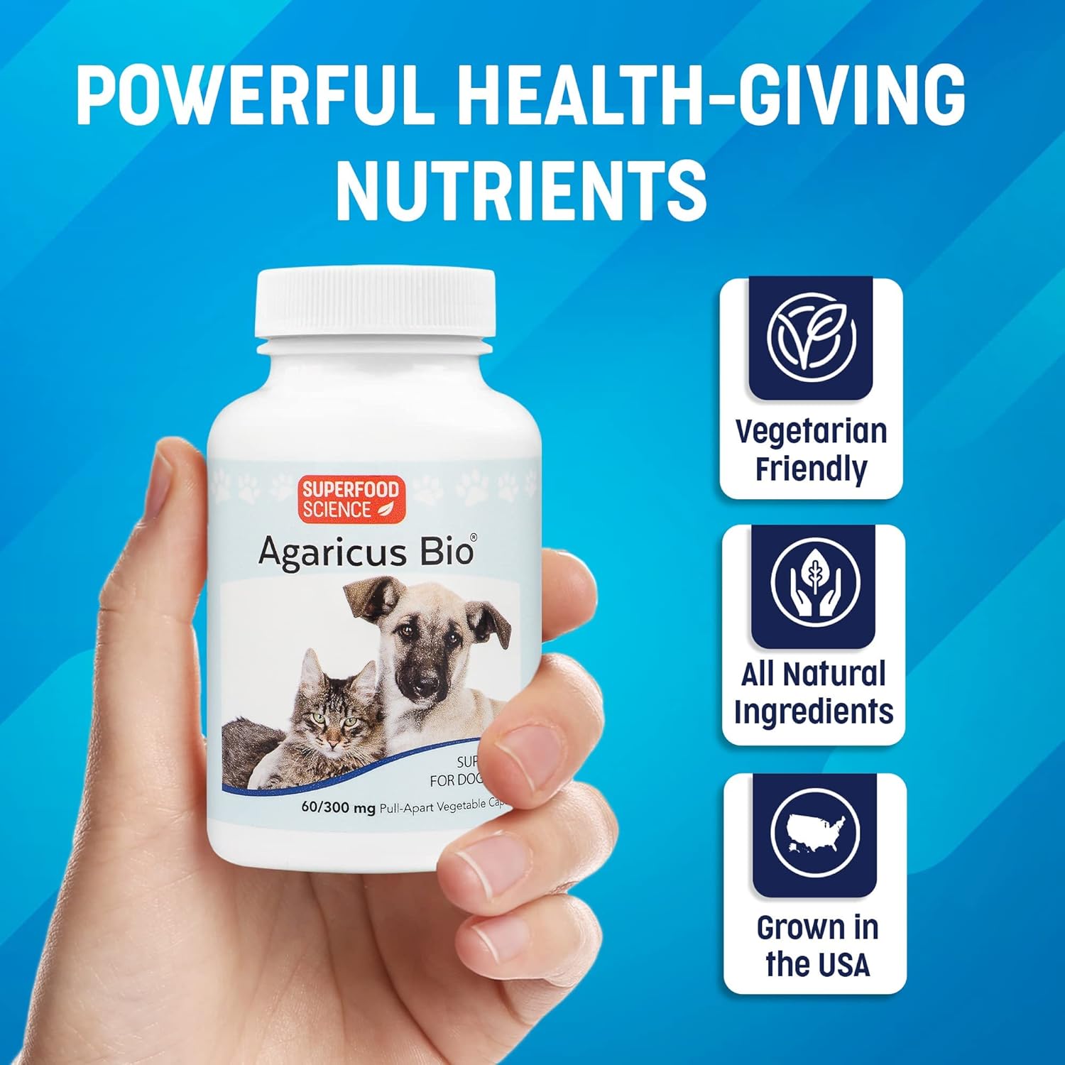 Agaricus Bio Superfood Supplement for Dogs and Cats - Boost Immune Defense & Energy, Antioxidant Mushroom Powder - 60 caps