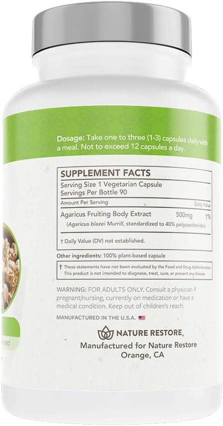 Agaricus Blazei Murill Extract Mushroom Supplement - 90 Capsules, 40% Polysaccharides for Immune Support