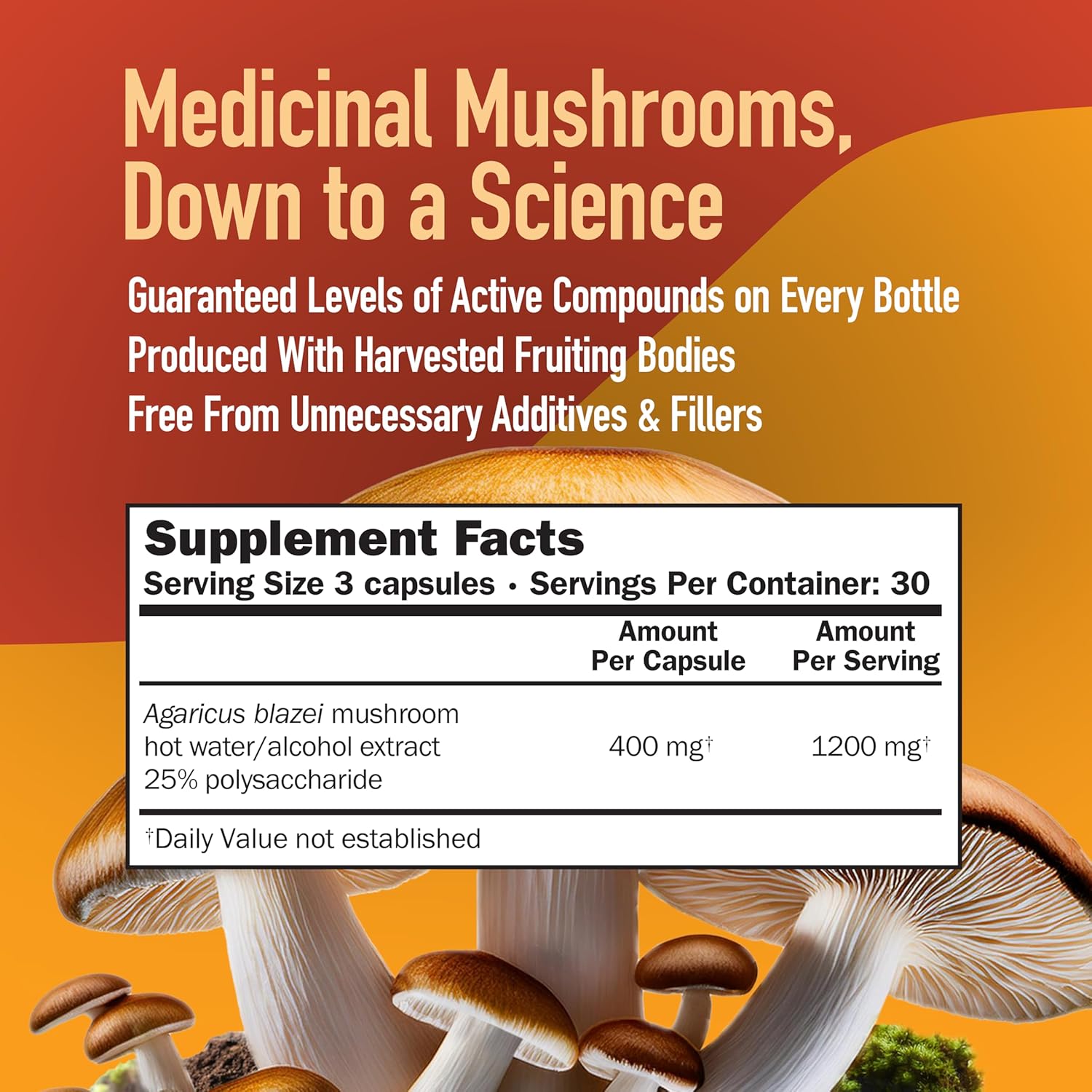 Agaricus Blazei Mushroom Capsules 400MG - Full Spectrum Extract, Hot Water Extracted, Vegetarian Supplement for Health Defense, 90 CT