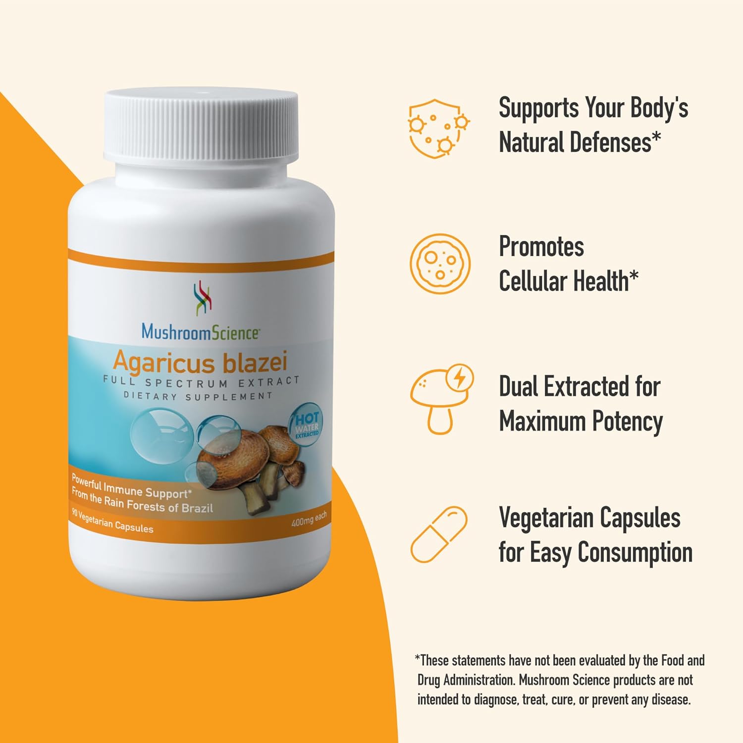 Agaricus Blazei Mushroom Capsules 400MG - Full Spectrum Extract, Hot Water Extracted, Vegetarian Supplement for Health Defense, 90 CT