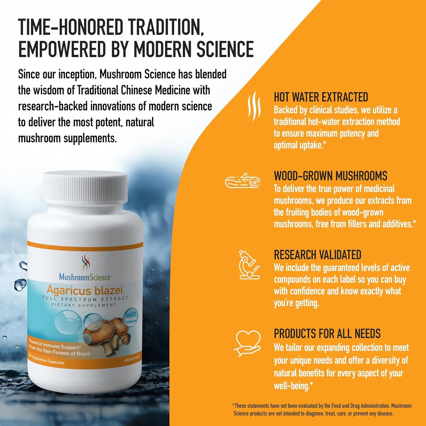 Agaricus Blazei Mushroom Capsules 400MG - Full Spectrum Extract, Hot Water Extracted, Vegetarian Supplement for Health Defense, 90 CT