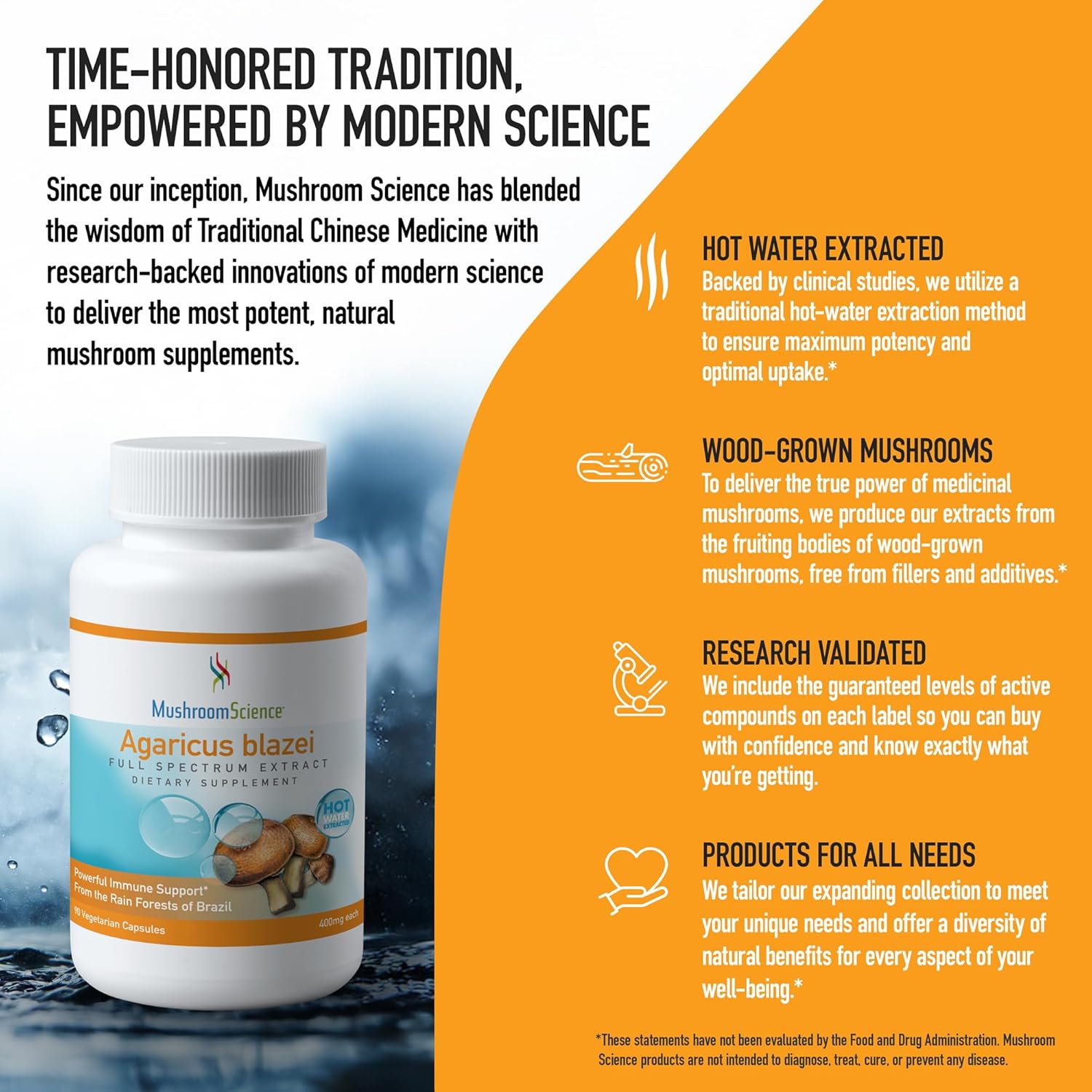 Agaricus Blazei Mushroom Capsules 400MG - Full Spectrum Extract, Hot Water Extracted, Vegetarian Supplement for Health Defense, 90 CT