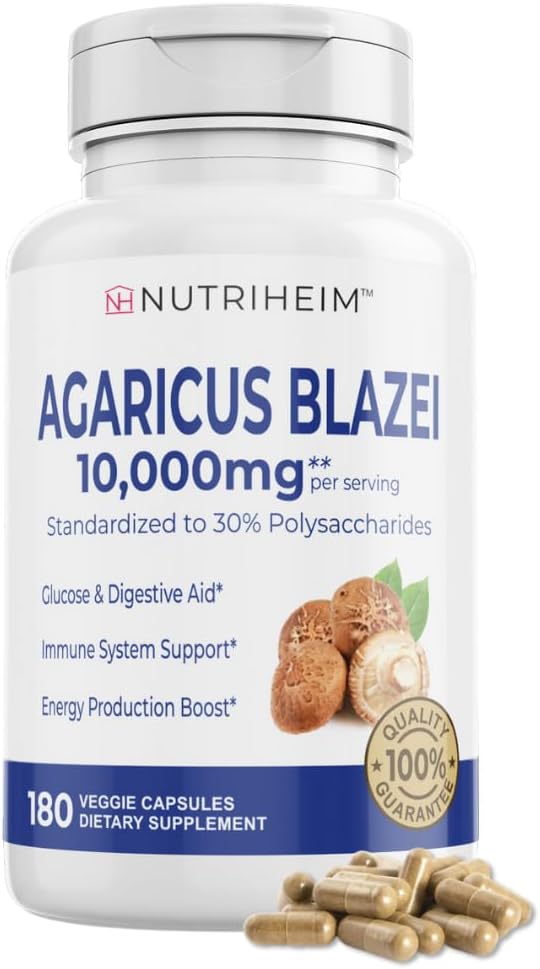 Agaricus Blazei Organic Mushroom Extract: Immune & Energy Support - 30% Polysaccharides - 180 Veg Caps - Non-GMO, Gluten-Free, Vegan