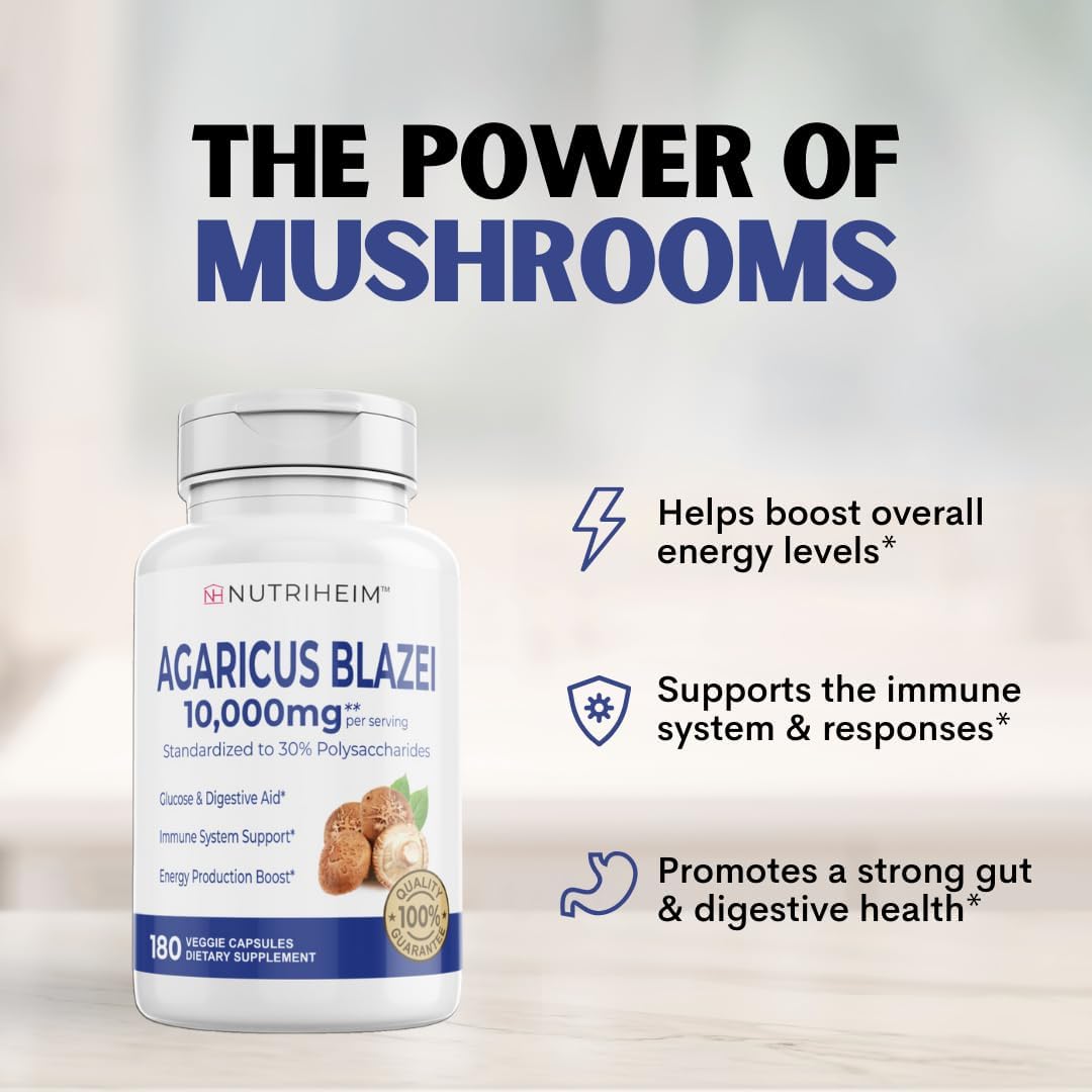 Agaricus Blazei Organic Mushroom Extract: Immune & Energy Support - 30% Polysaccharides - 180 Veg Caps - Non-GMO, Gluten-Free, Vegan