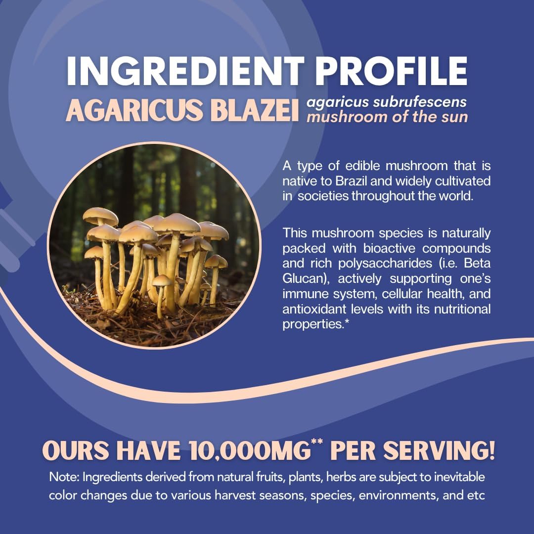 Agaricus Blazei Organic Mushroom Extract: Immune & Energy Support - 30% Polysaccharides - 180 Veg Caps - Non-GMO, Gluten-Free, Vegan