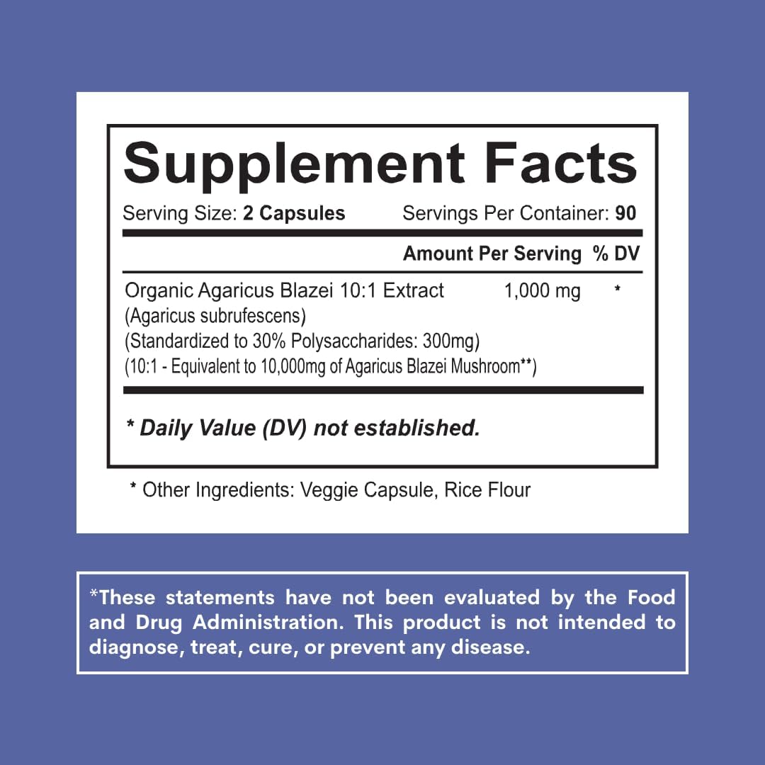 Agaricus Blazei Organic Mushroom Extract: Immune & Energy Support - 30% Polysaccharides - 180 Veg Caps - Non-GMO, Gluten-Free, Vegan