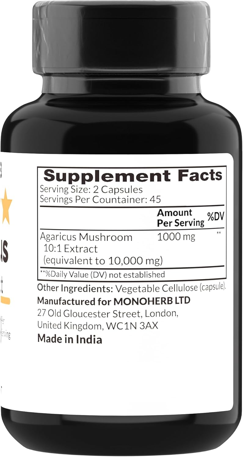 Agaricus Mushroom Extract Capsules - 1000mg, 90 Count, Vegetarian Formula by MONOHERB