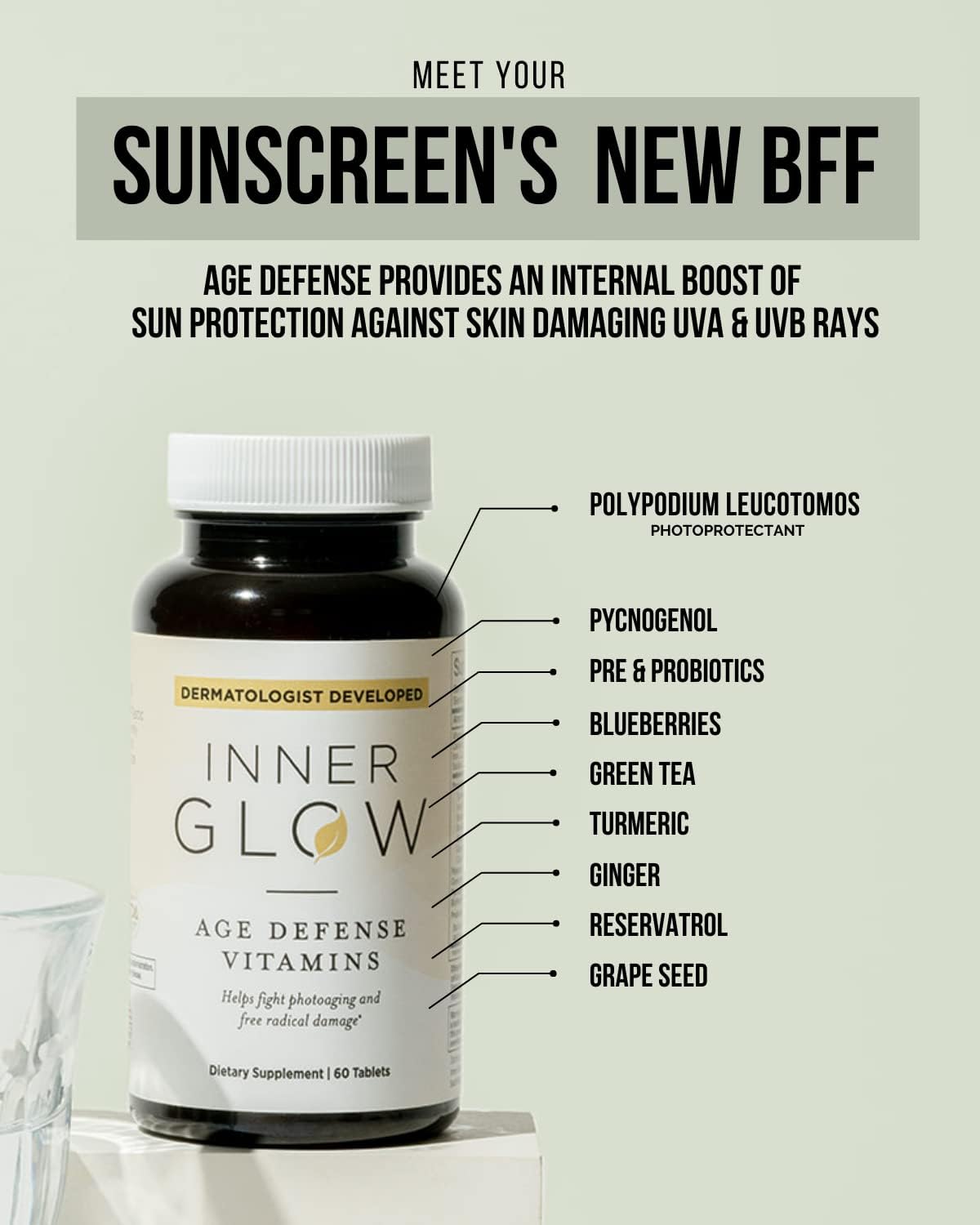 Age Defense Vitamins for Inner Glow - Developed by Dermatologists and Plastic Surgeons to Combat Melasma and Photoaging with Polypodium Leucotomos and Pycnogenol