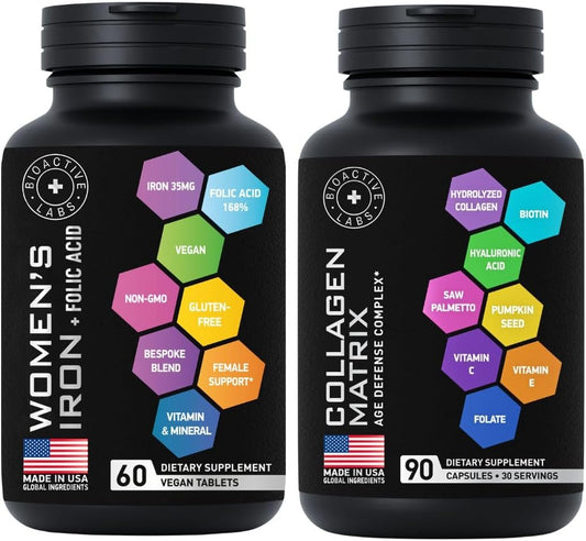 Age-Defying Beauty Collagen and Vegan Iron Supplements for Women by BIOACTIVE LABS - Bundle for Youthful Skin