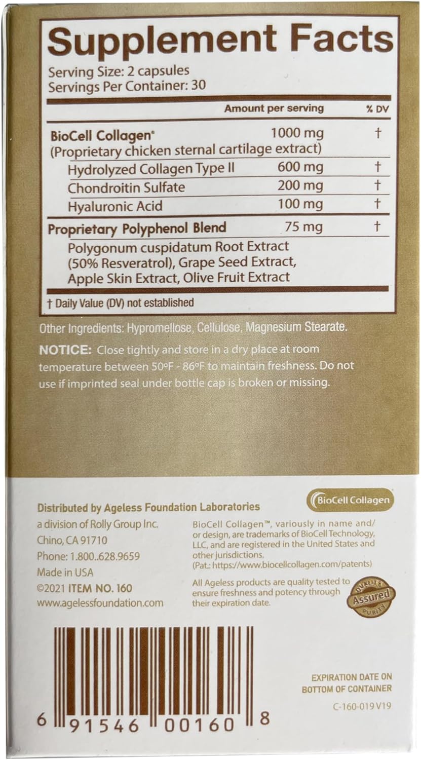 Ageless Foundation Laboratories UltraDERM Gold - Natural Collagen Booster Supplement - 60 Capsules with BioCell Collagen Boost