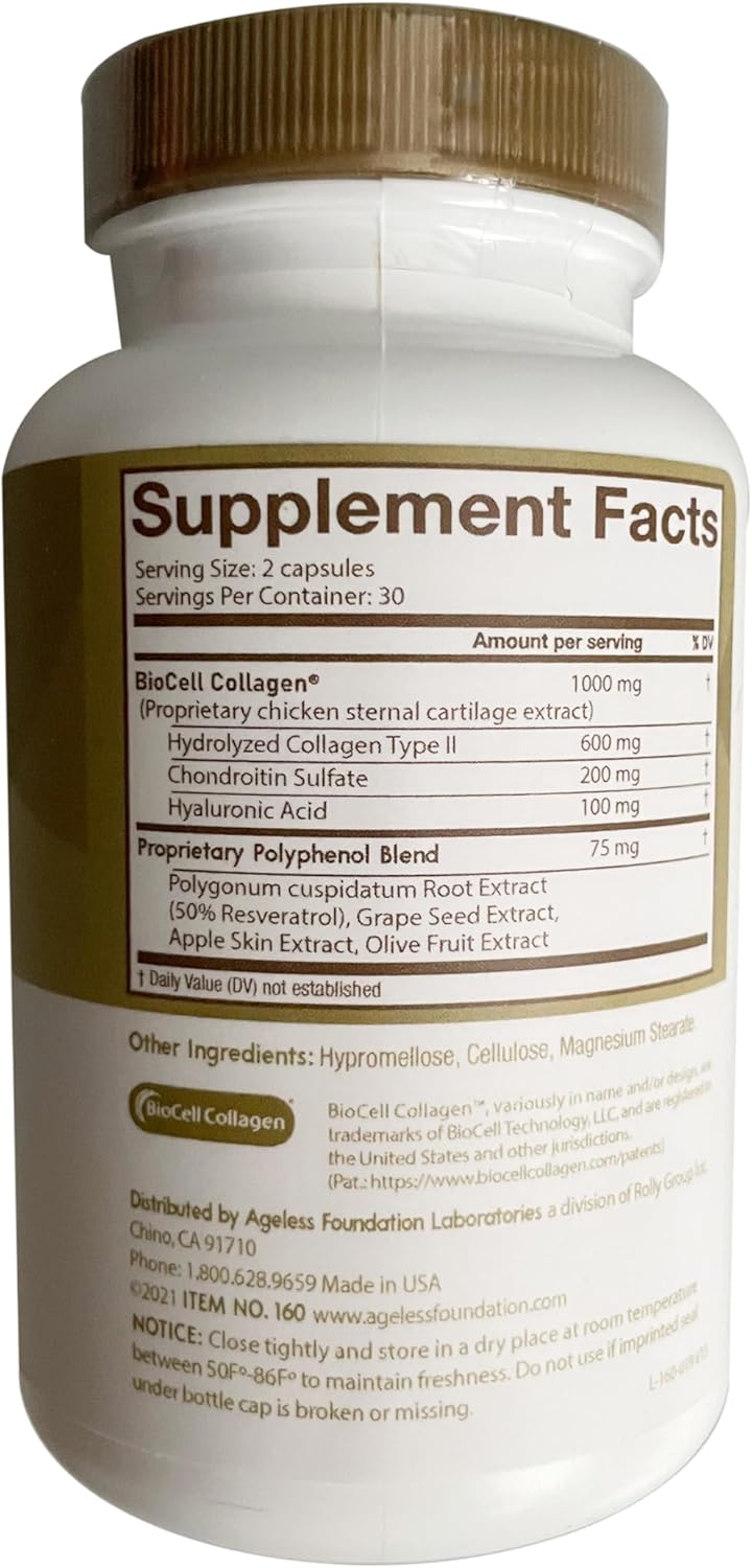 Ageless Foundation Laboratories UltraDERM Gold - Natural Collagen Booster Supplement - 60 Capsules with BioCell Collagen Boost