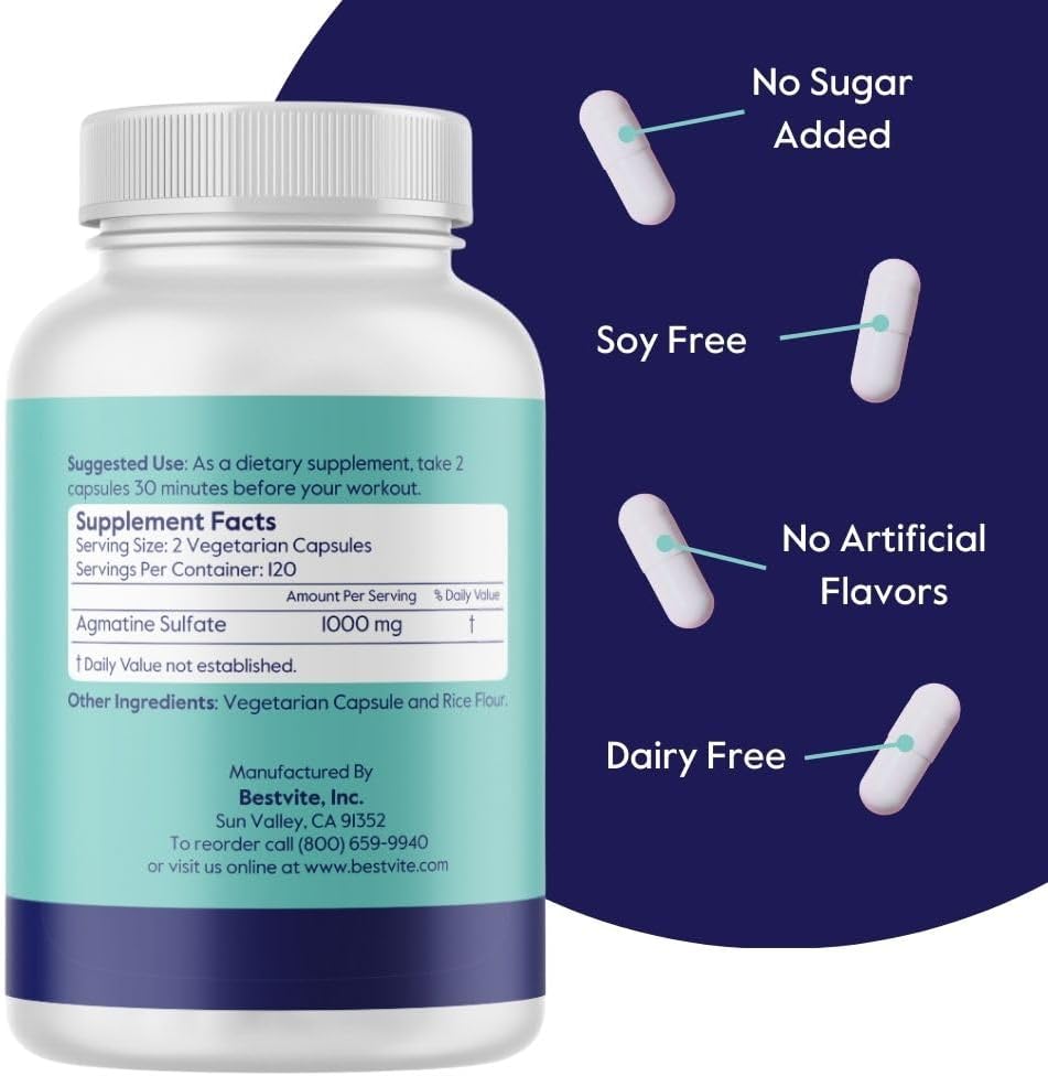 Agmatine Sulfate 500mg Capsules - 240 Vegetarian, Vegan, Non GMO, Gluten Free - High Quality Formula by BESTVITE