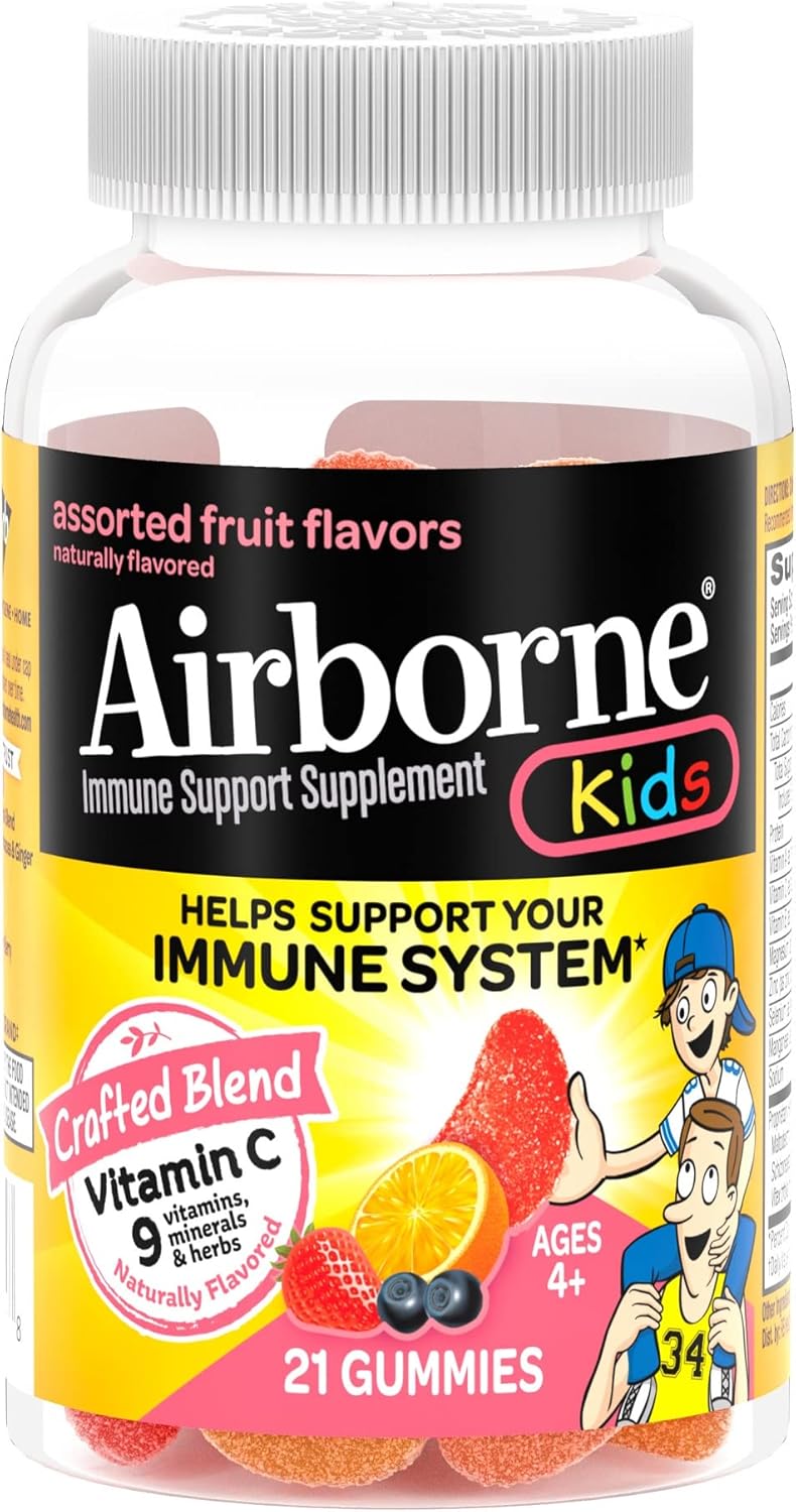 Airborne Kids Vitamin C & Zinc Gummies for Immune Support - 21 Assorted Fruit Flavor Gummies, 500mg Vit C, Antioxidants