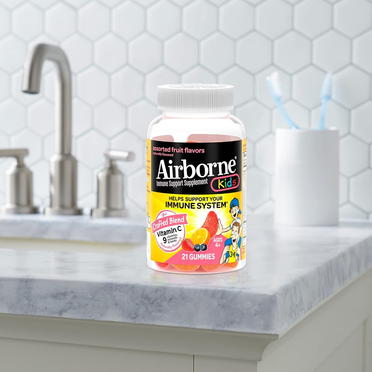 Airborne Kids Vitamin C & Zinc Gummies for Immune Support - 21 Assorted Fruit Flavor Gummies, 500mg Vit C, Antioxidants