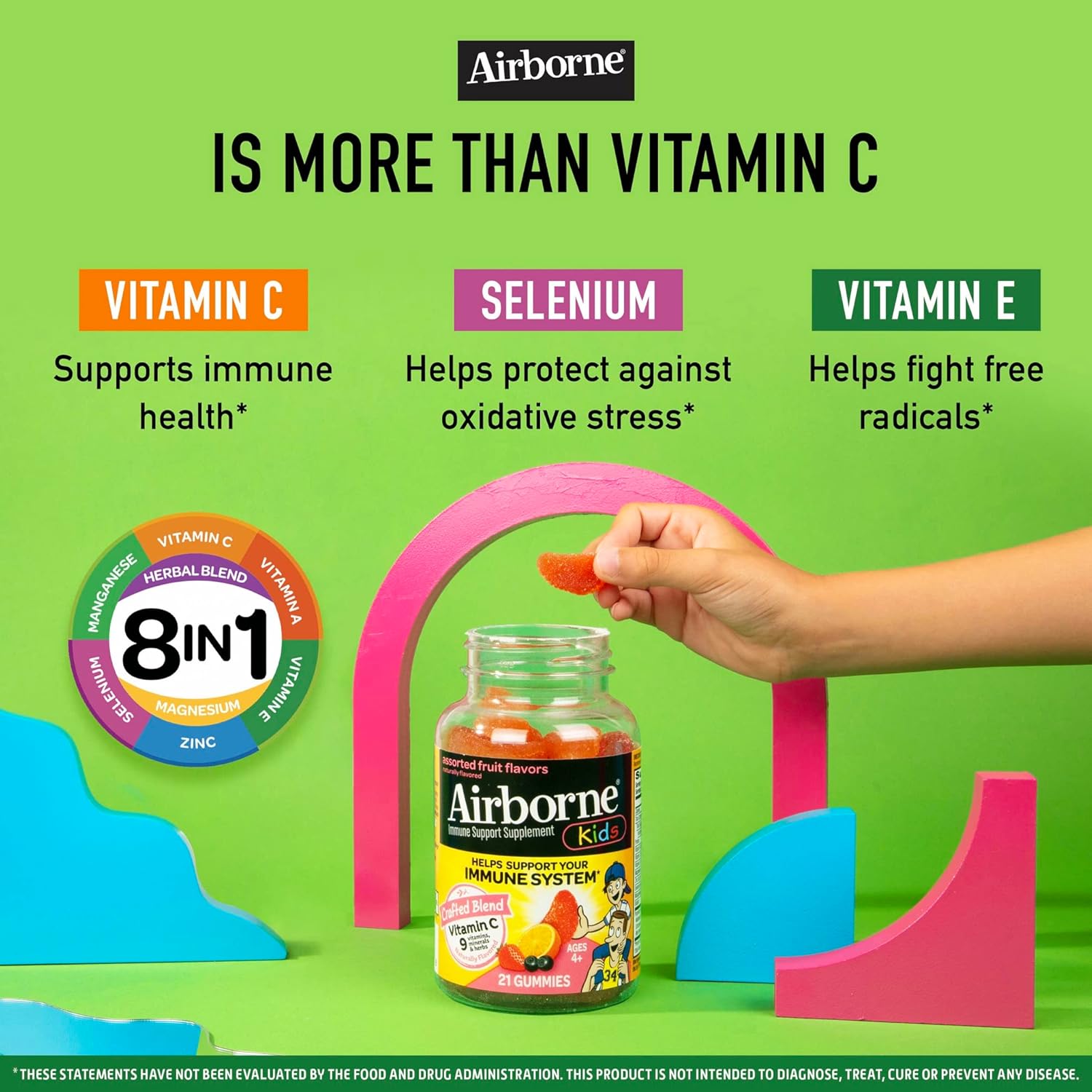 Airborne Kids Vitamin C & Zinc Gummies for Immune Support - 21 Assorted Fruit Flavor Gummies, 500mg Vit C, Antioxidants