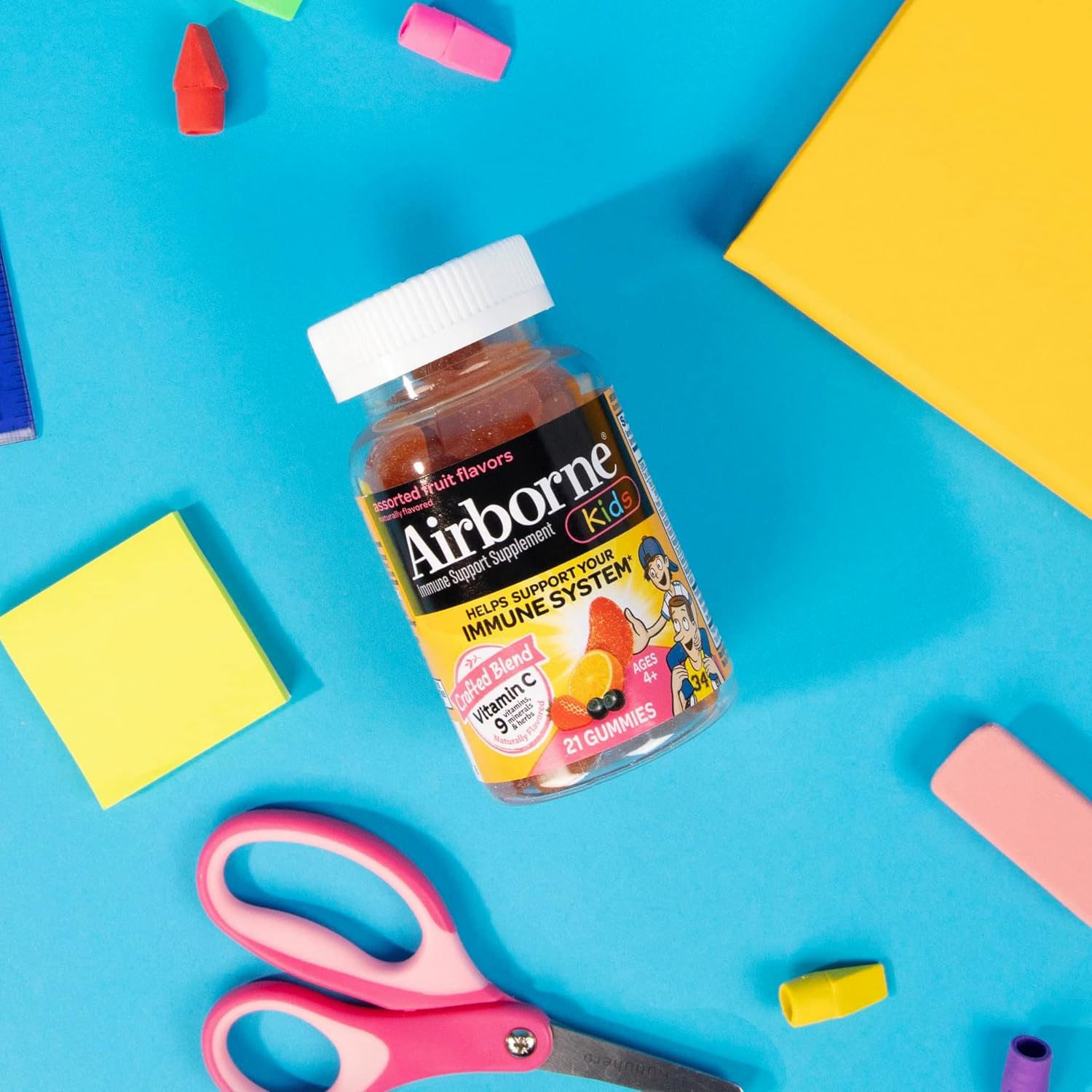 Airborne Kids Vitamin C & Zinc Gummies for Immune Support - 21 Assorted Fruit Flavor Gummies, 500mg Vit C, Antioxidants