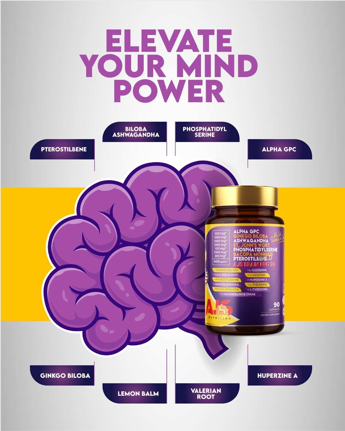 AJS Alpha GPC Nootropic Brain Supplement with Phosphatidylserine and Herbal Extracts 90 CT