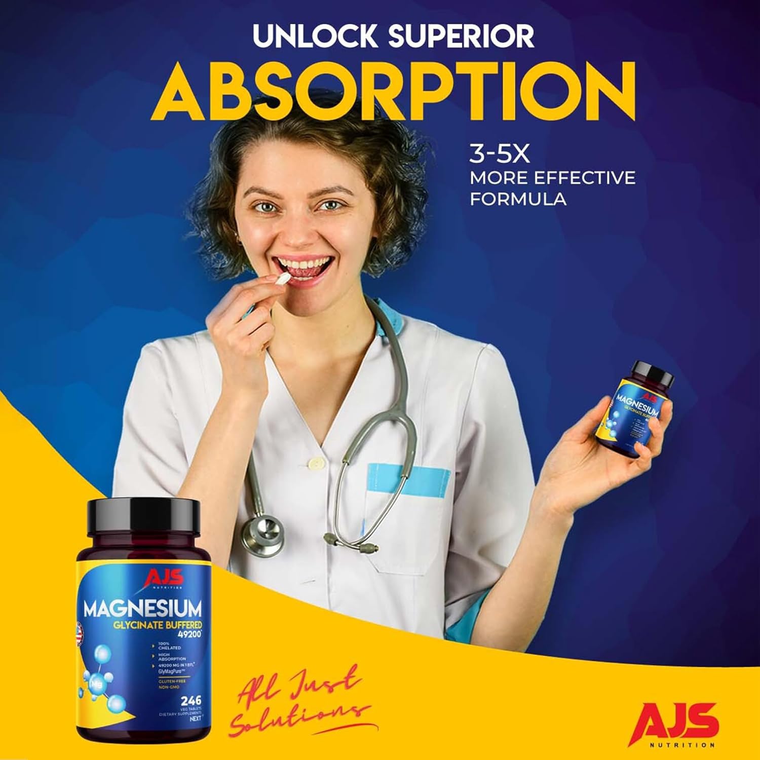 AJS Magnesium Glycinate Supplement 400mg | Gluten-Free Tablets with Organic Coating | Non-GMO Dietary Magnesium for Well-Being | 246 Tablets, 4 Month Supply