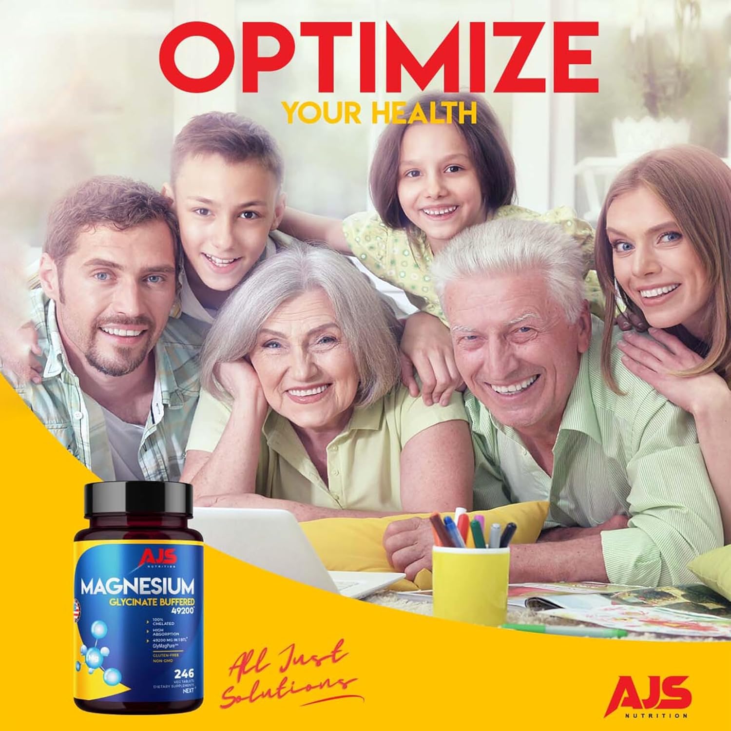 AJS Magnesium Glycinate Supplement 400mg | Gluten-Free Tablets with Organic Coating | Non-GMO Dietary Magnesium for Well-Being | 246 Tablets, 4 Month Supply