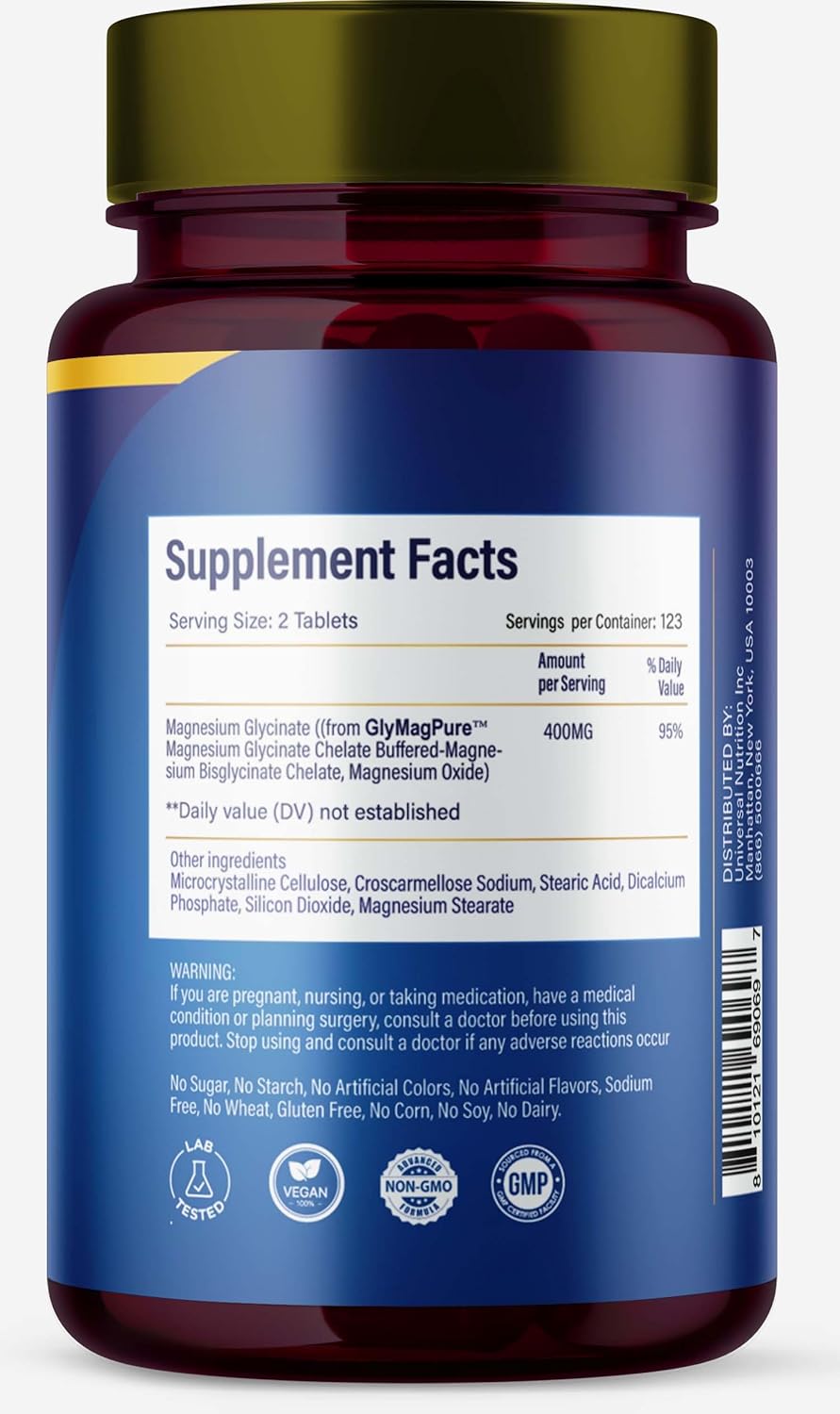 AJS Magnesium Glycinate Supplement 400mg | Gluten-Free Tablets with Organic Coating | Non-GMO Dietary Magnesium for Well-Being | 246 Tablets, 4 Month Supply