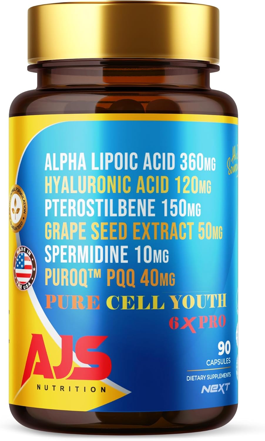 AJS Pure Cell Youth 6X PRO Supplement with PQQ, R-Lipoic Acid, Sodium Hyaluronate, and More - 90 Capsules