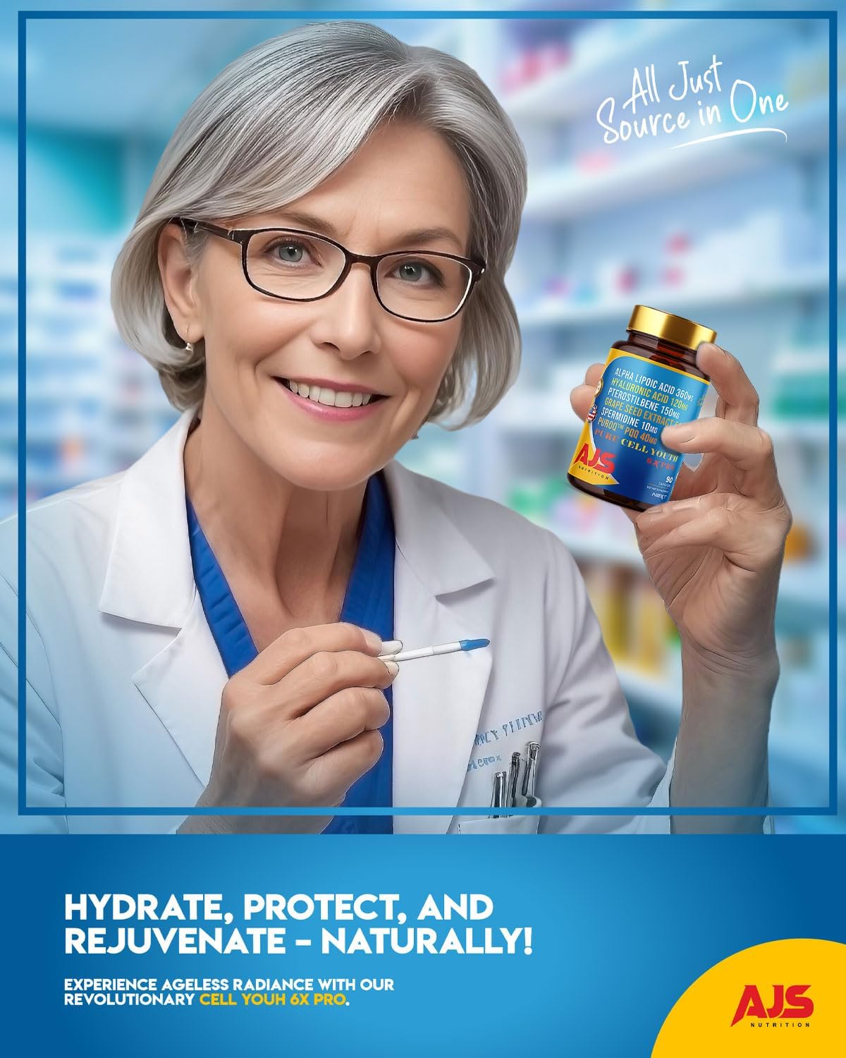 AJS Pure Cell Youth 6X PRO Supplement with PQQ, R-Lipoic Acid, Sodium Hyaluronate, and More - 90 Capsules