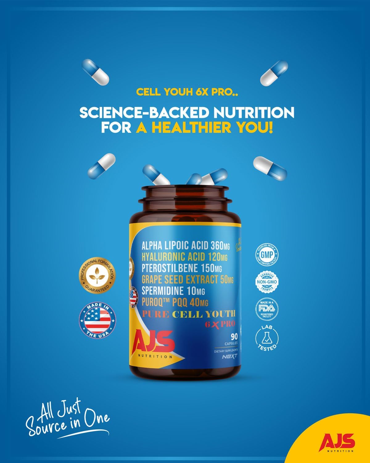 AJS Pure Cell Youth 6X PRO Supplement with PQQ, R-Lipoic Acid, Sodium Hyaluronate, and More - 90 Capsules