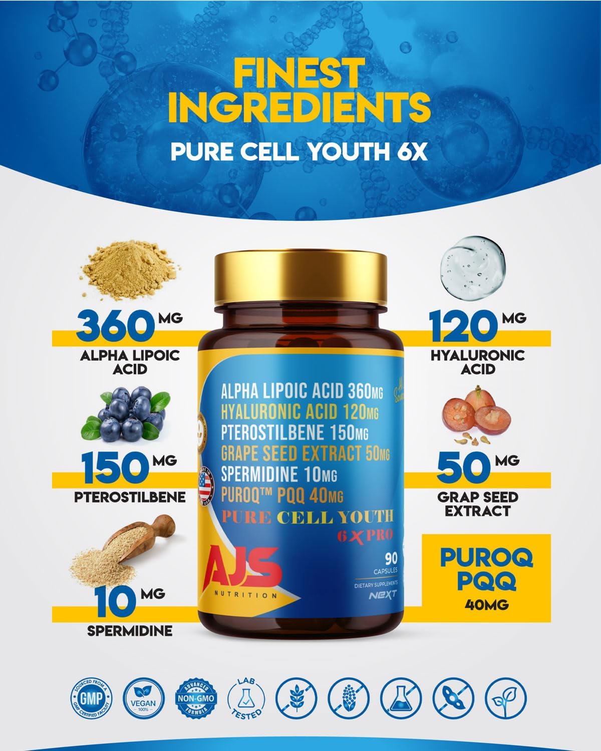AJS Pure Cell Youth 6X PRO Supplement with PQQ, R-Lipoic Acid, Sodium Hyaluronate, and More - 90 Capsules