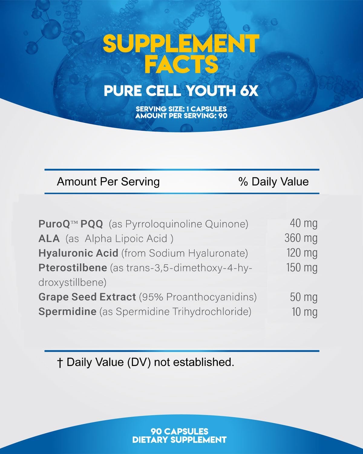 AJS Pure Cell Youth 6X PRO Supplement with PQQ, R-Lipoic Acid, Sodium Hyaluronate, and More - 90 Capsules