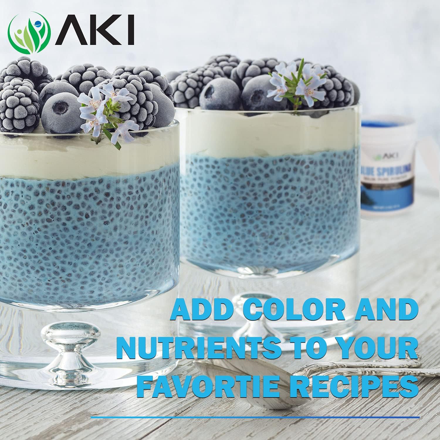 AKI Organic Blue Spirulina Powder: Rich in Antioxidants, Vegan Food Coloring for Smoothies, Ice Cream, Yogurt, Pastries - 1oz