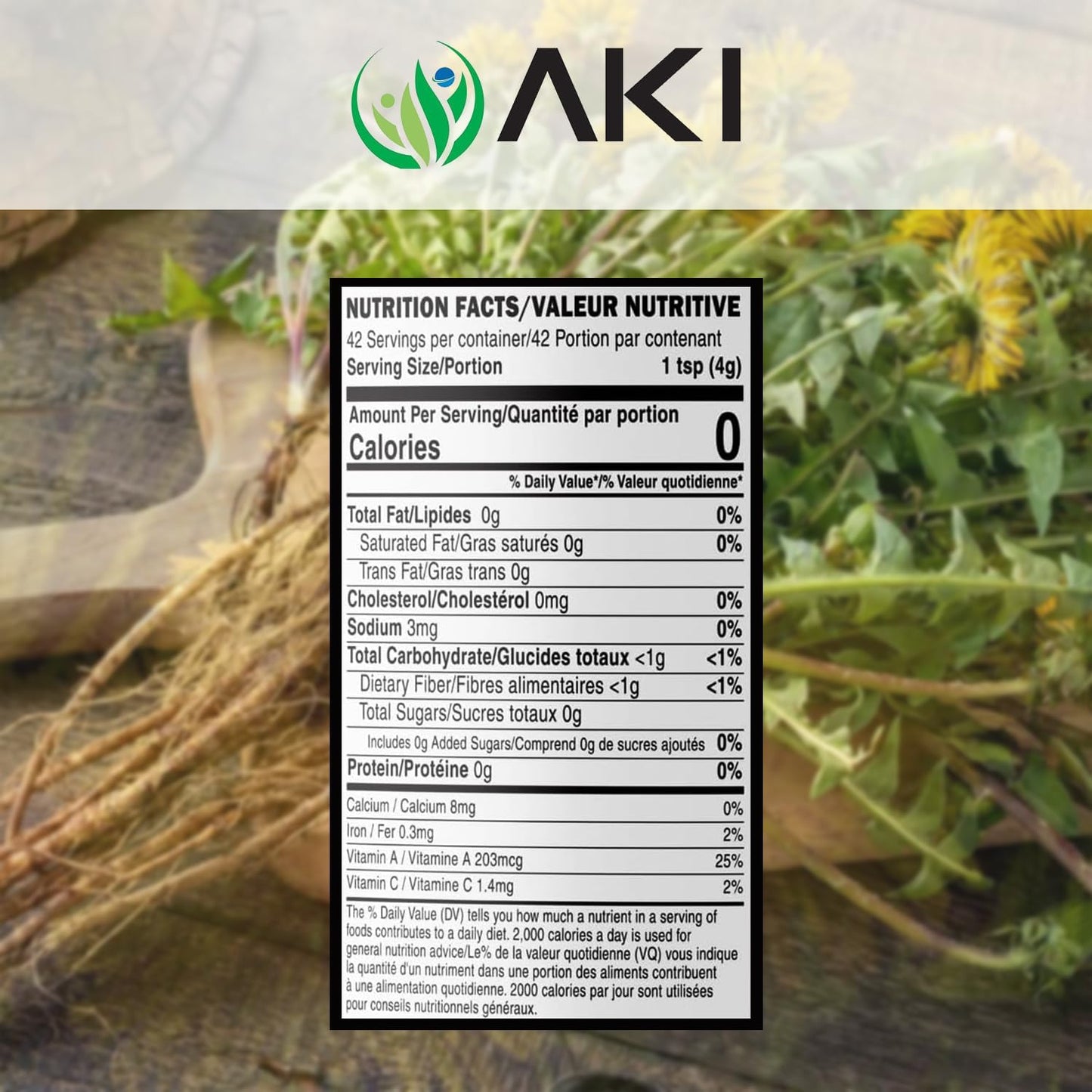 AKI ORGANIC Dandelion Root Powder - Rich in Vitamins & Antioxidants - Supports Immune Health - Gluten & Sugar-Free, Non-GMO (5.30oz /150g)