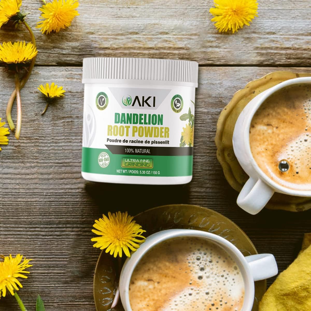AKI ORGANIC Dandelion Root Powder - Rich in Vitamins & Antioxidants - Supports Immune Health - Gluten & Sugar-Free, Non-GMO (5.30oz /150g)