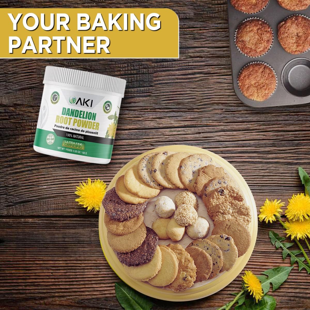 AKI ORGANIC Dandelion Root Powder - Rich in Vitamins & Antioxidants - Supports Immune Health - Gluten & Sugar-Free, Non-GMO (5.30oz /150g)