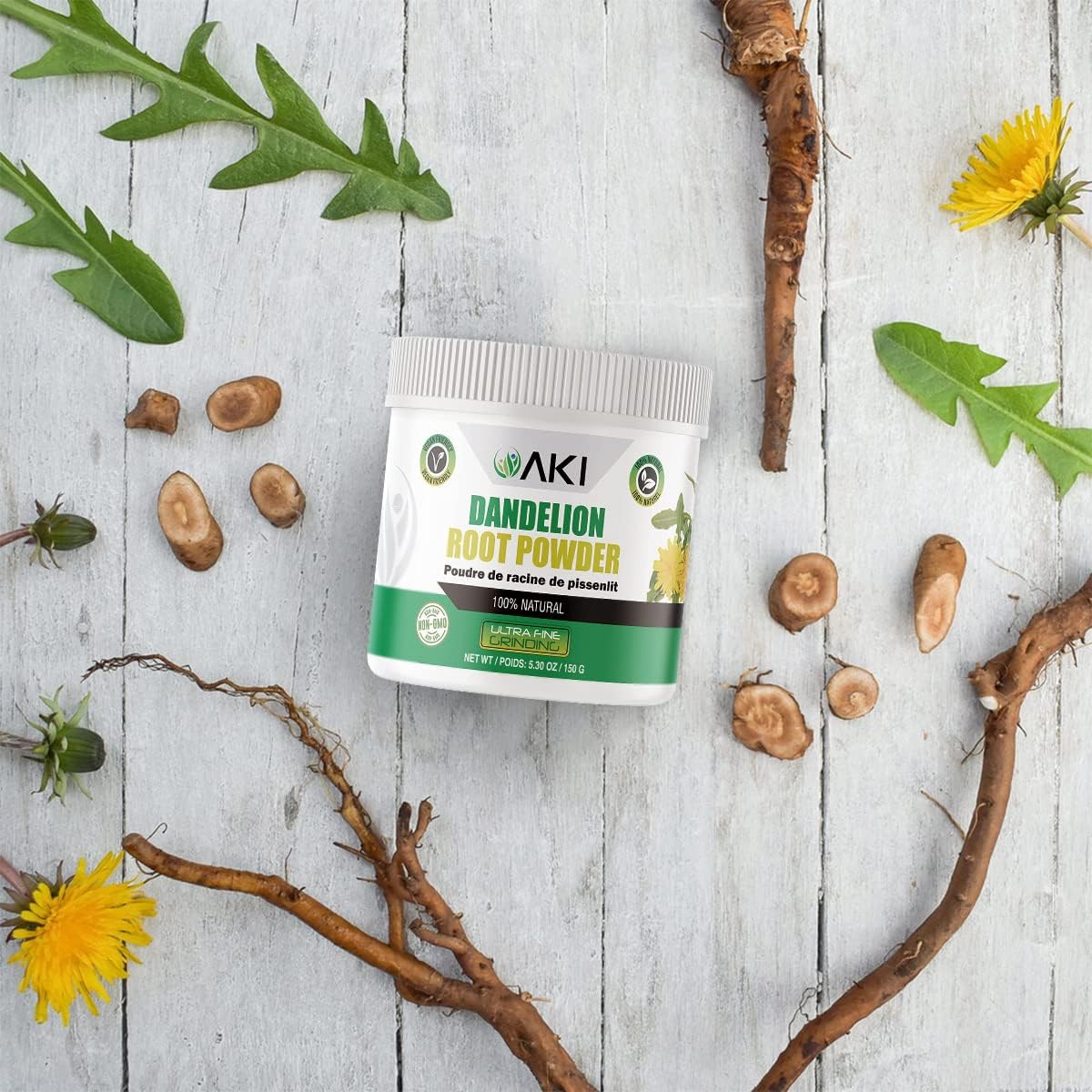 AKI ORGANIC Dandelion Root Powder - Rich in Vitamins & Antioxidants - Supports Immune Health - Gluten & Sugar-Free, Non-GMO (5.30oz /150g)