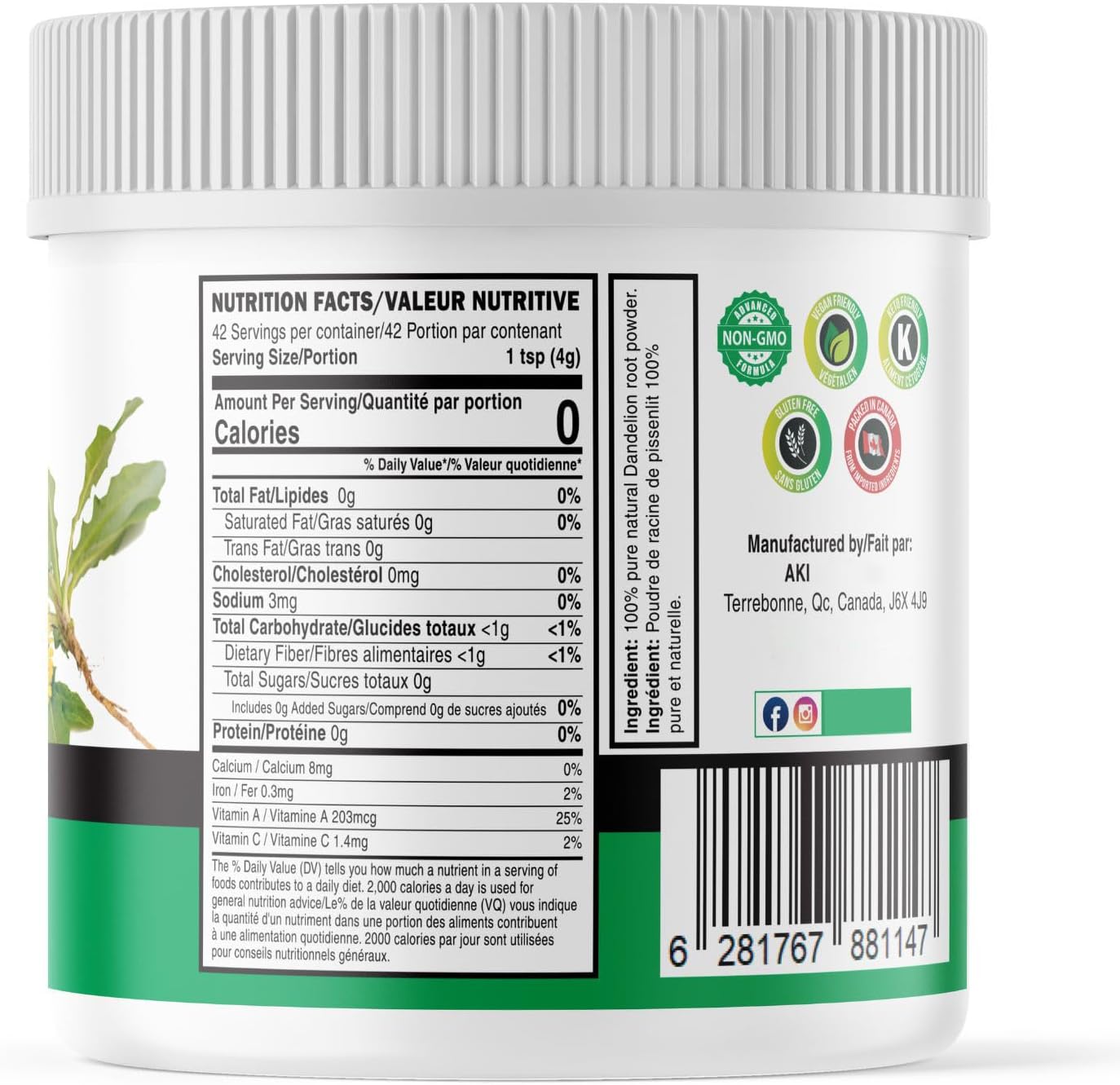 AKI ORGANIC Dandelion Root Powder - Rich in Vitamins & Antioxidants - Supports Immune Health - Gluten & Sugar-Free, Non-GMO (5.30oz /150g)