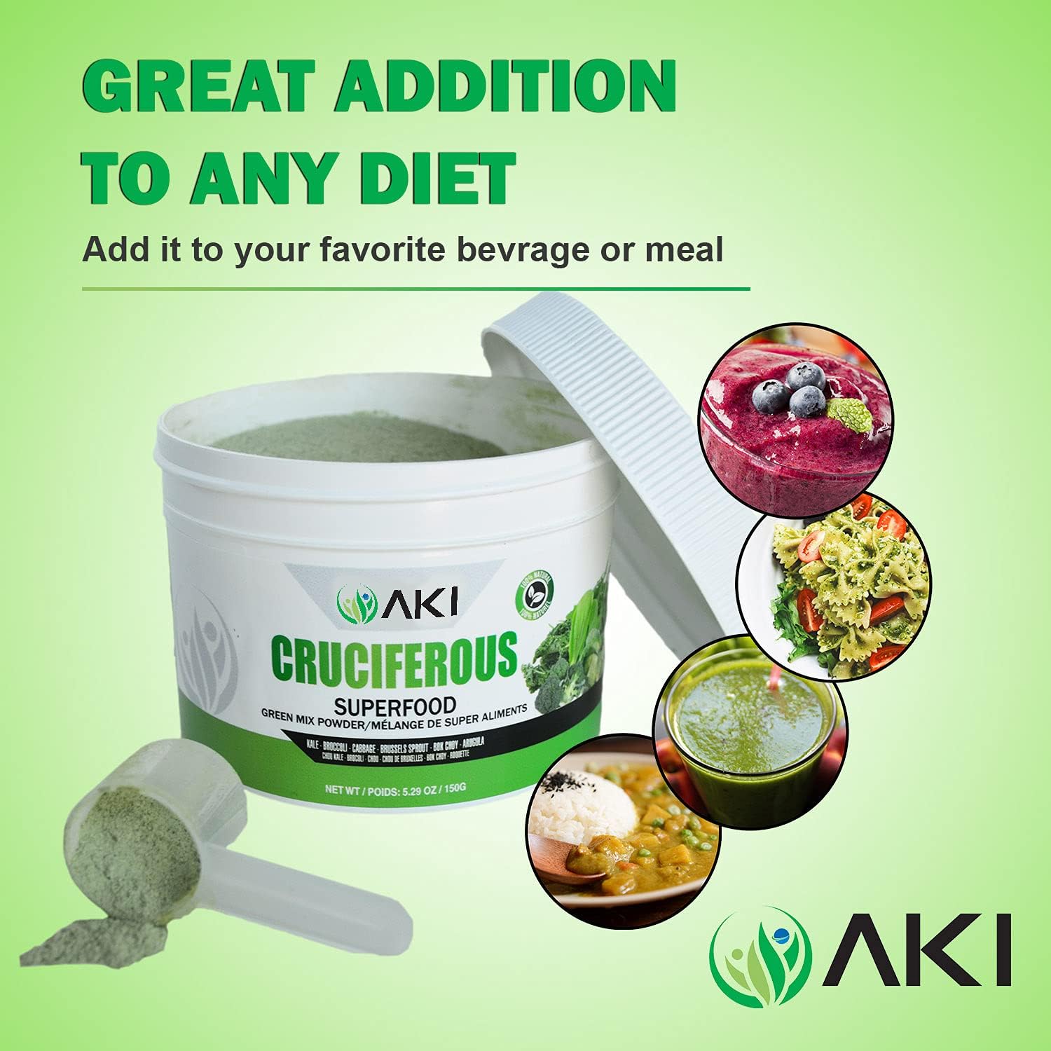 AKI Organic Superfood Blend & Marine Phytoplankton Powder for Veggie Smoothies - Plant-Based Proteins to Boost Greens and Vitamins | Vegan & GMO-Free