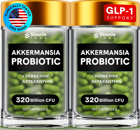 Akkermansia Muciniphila Probiotics with GLP-1 Support - 320 Billion CFU, Inulin Prebiotic, Astaxanthin, Berberine, Chromium - 240 Capsules