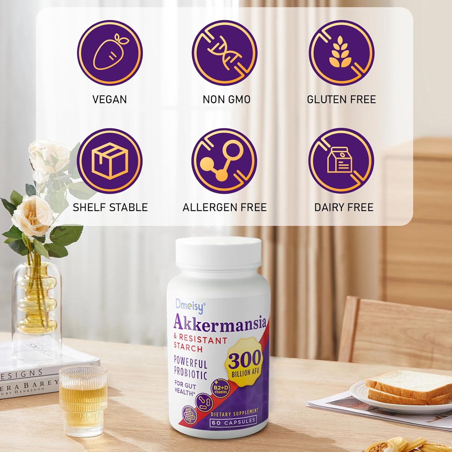Akkermansia Probiotic Supplement for Gut Health - 300 Billion AFU Akkermansia Muciniphila, Boosts GLP-1, Digestive, Immunity, 60 Count