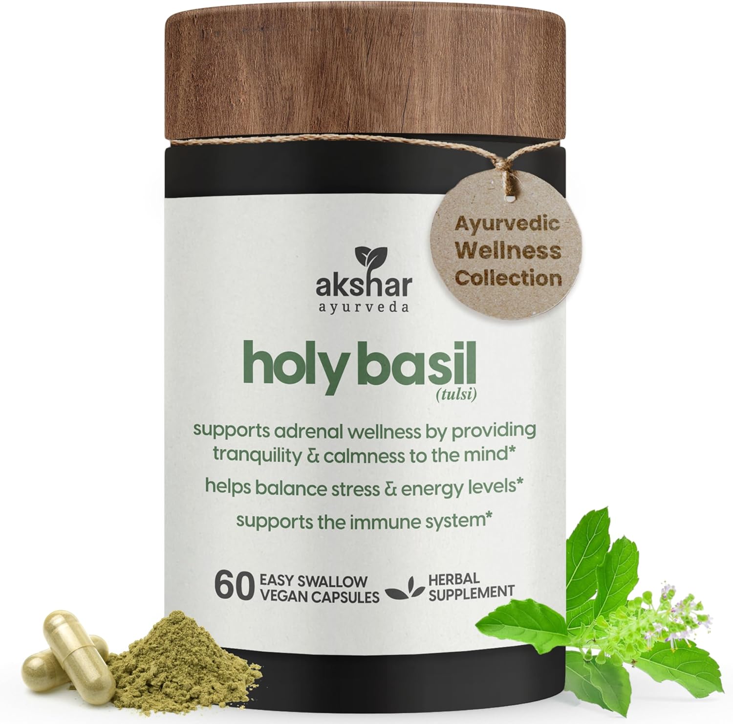 AKSHAR Ayurveda Holy Basil Capsules - 60 Count Vegan Supplement with Tulsi Leaf Extract & Powder for Health