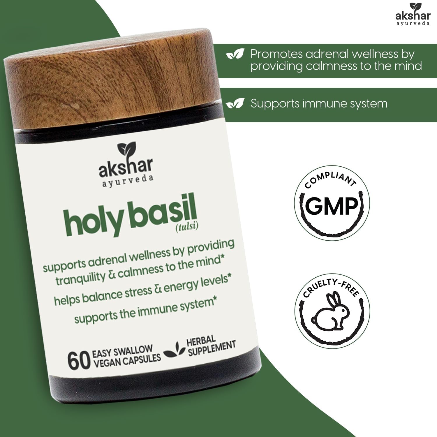 AKSHAR Ayurveda Holy Basil Capsules - 60 Count Vegan Supplement with Tulsi Leaf Extract & Powder for Health