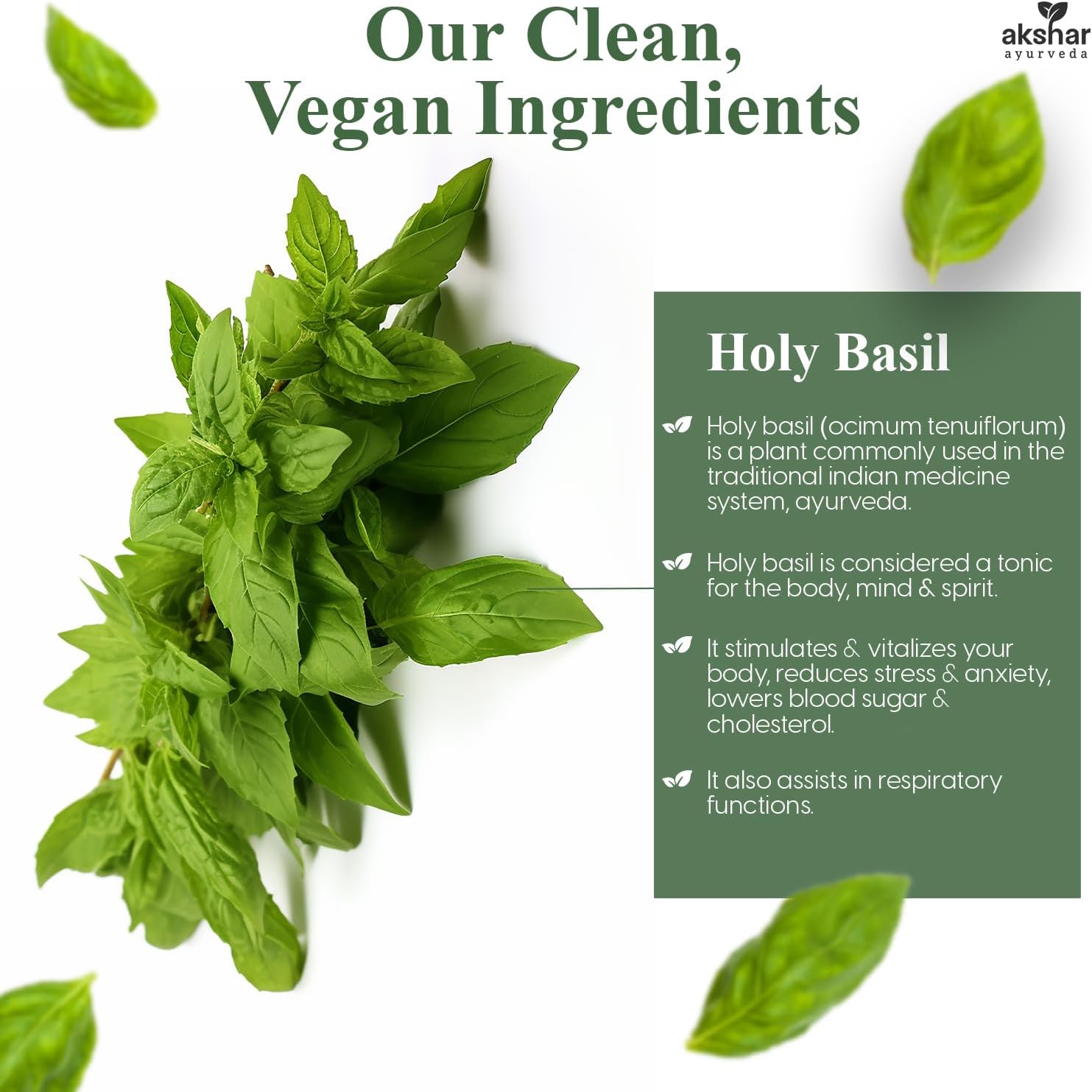 AKSHAR Ayurveda Holy Basil Capsules - 60 Count Vegan Supplement with Tulsi Leaf Extract & Powder for Health