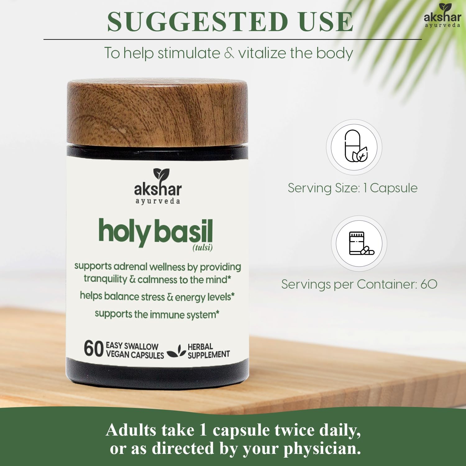 AKSHAR Ayurveda Holy Basil Capsules - 60 Count Vegan Supplement with Tulsi Leaf Extract & Powder for Health