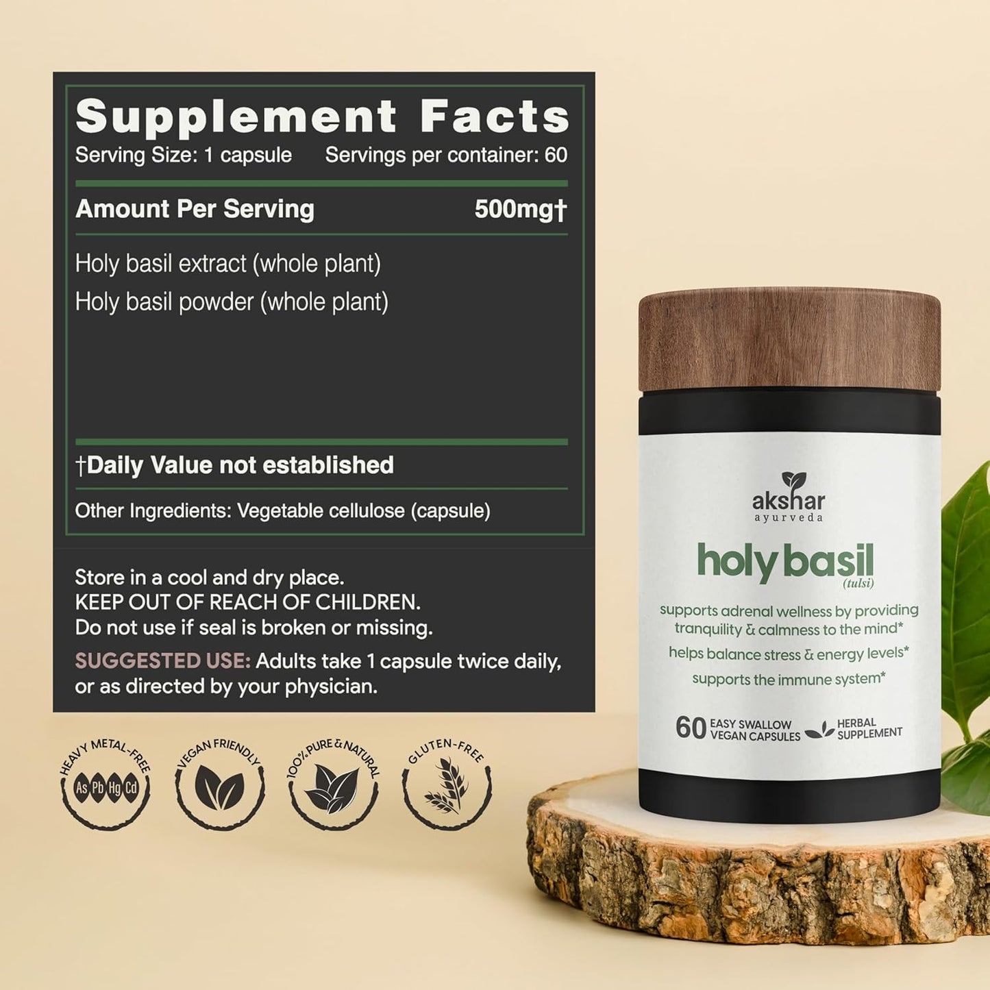 AKSHAR Ayurveda Holy Basil Capsules - 60 Count Vegan Supplement with Tulsi Leaf Extract & Powder for Health