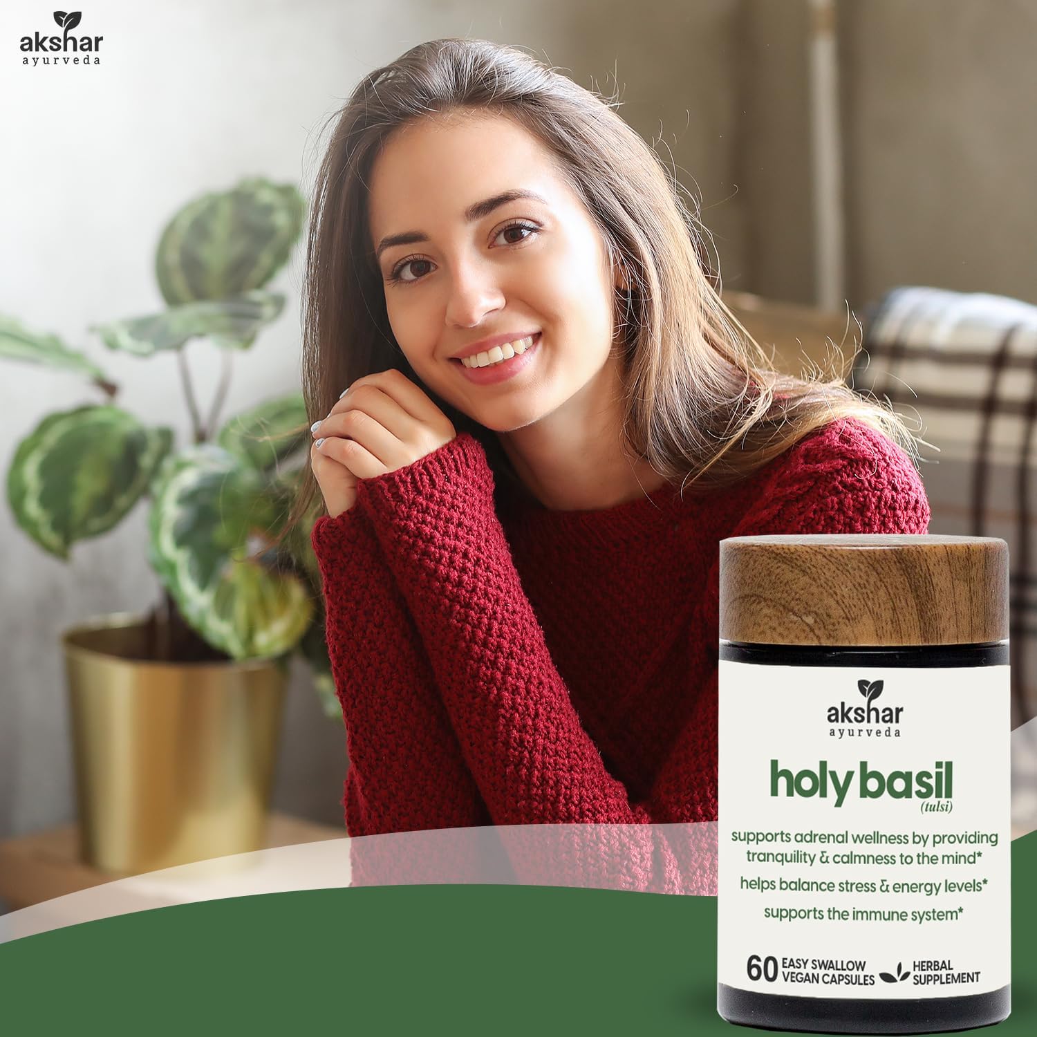 AKSHAR Ayurveda Holy Basil Capsules - 60 Count Vegan Supplement with Tulsi Leaf Extract & Powder for Health