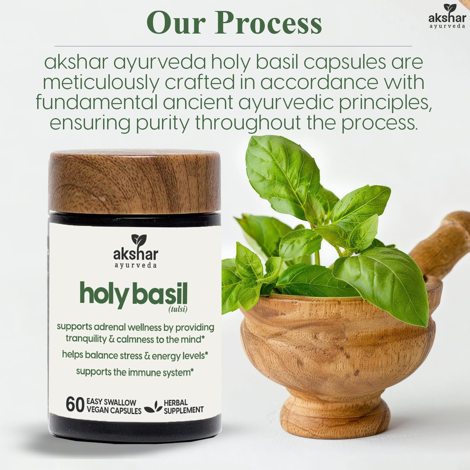 AKSHAR Ayurveda Holy Basil Capsules - 60 Count Vegan Supplement with Tulsi Leaf Extract & Powder for Health