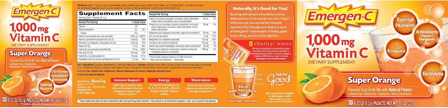 Alacer Emergen-C Super Orange Fizzy Drink Mix - 1000mg Vitamin C - 30 Count Pack