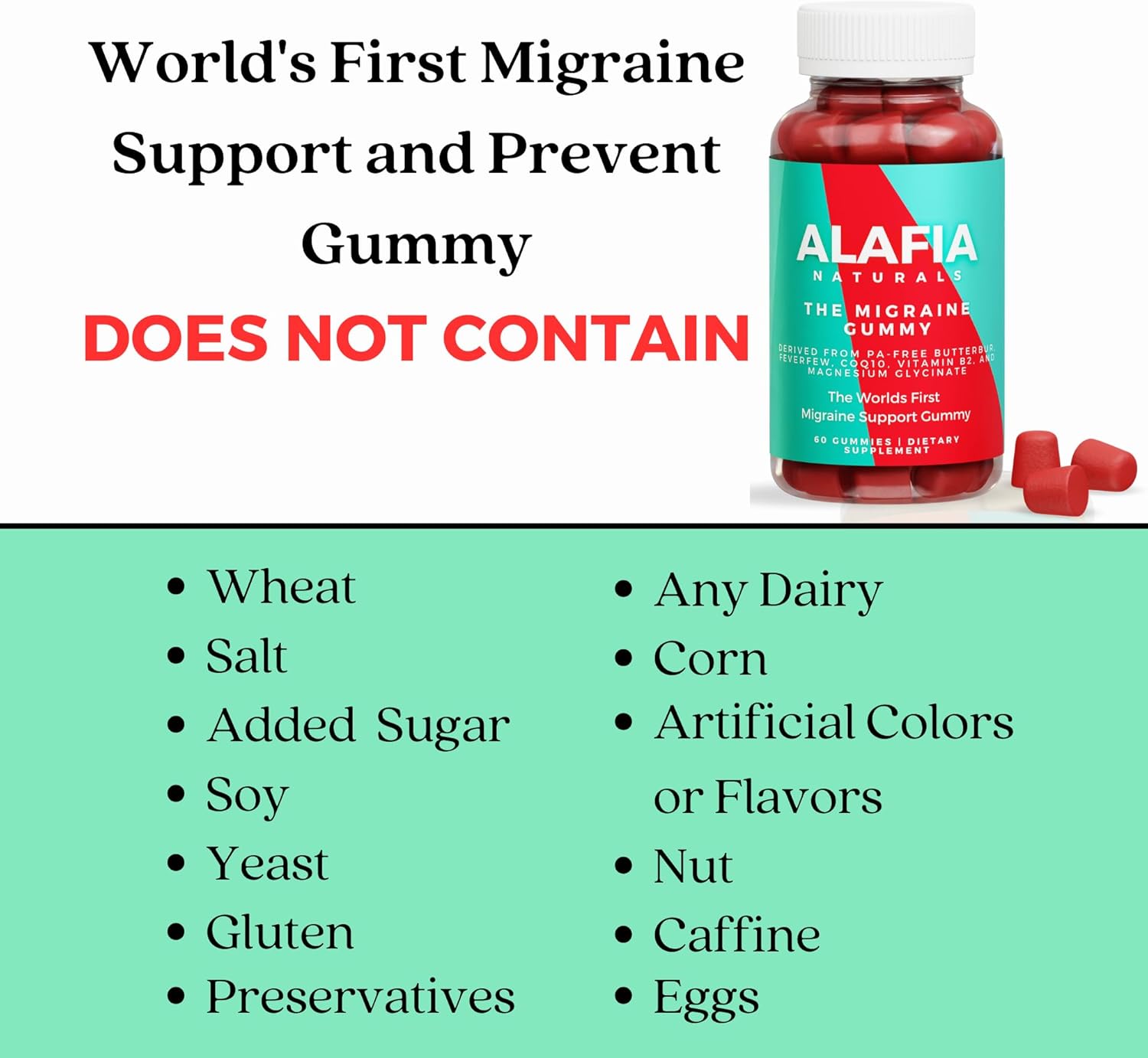 Alafia Naturals Migraine Relief Gummy - Magnesium Glycinate, Butterbur, Feverfew, CoQ10, Vitamin B2 - 60ct