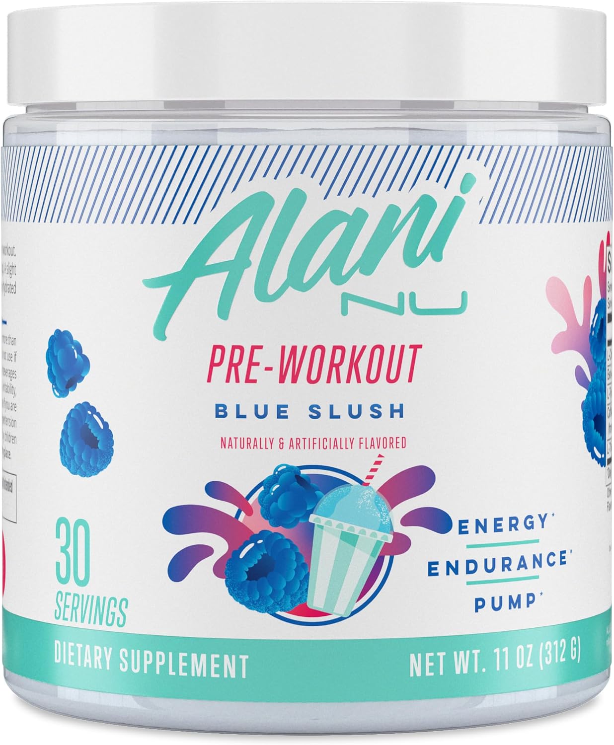 Alani Nu Blue Slush Pre Workout Powder - Amino Energy Boost for Endurance, Sugar Free with 200mg Caffeine - L-Theanine, Beta-Alanine, Citrulline - 30 Servings